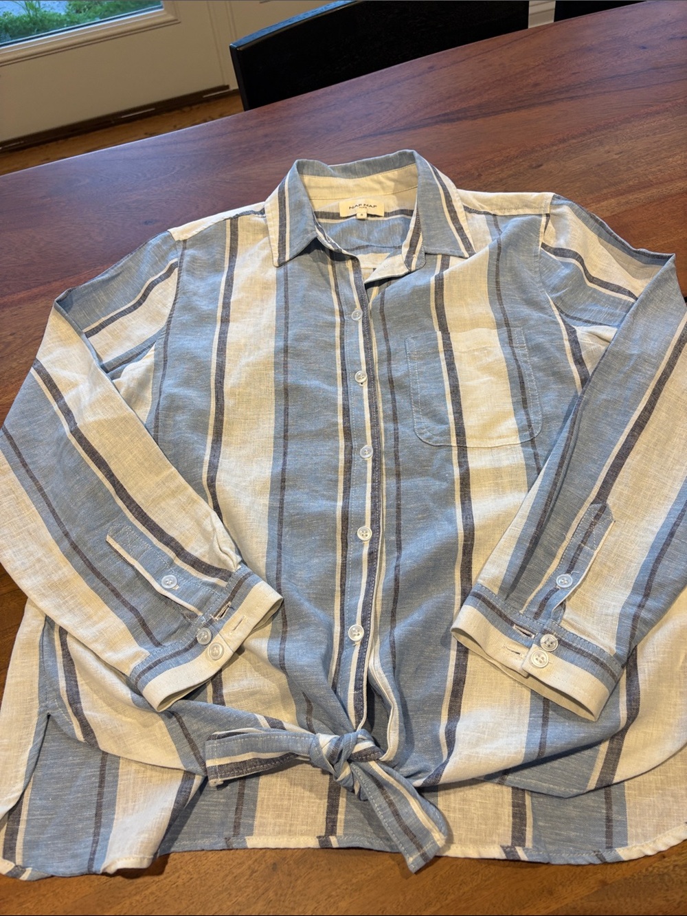 NAF NAF Blue and Cream Striped Casual Button-Down Shirt Size S